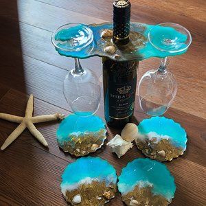 Coastal Wine Caddy and Matching Coasters!! Beautiful!!